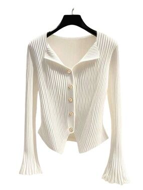 SHEIN White Ribbed V-Neck Button-Front Sweater